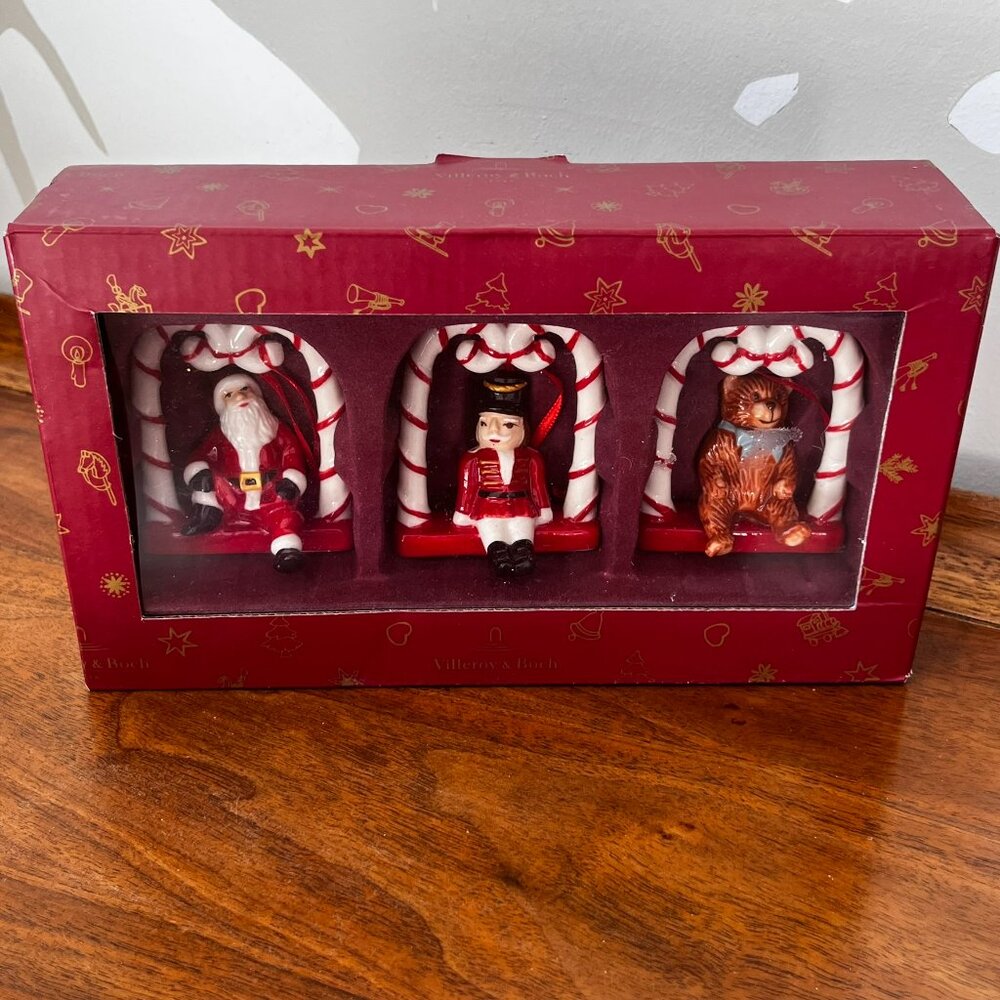 Villeroy & Boch Nostalgic Ornaments Set of 3 Santa Nutcracker Bear on Swing